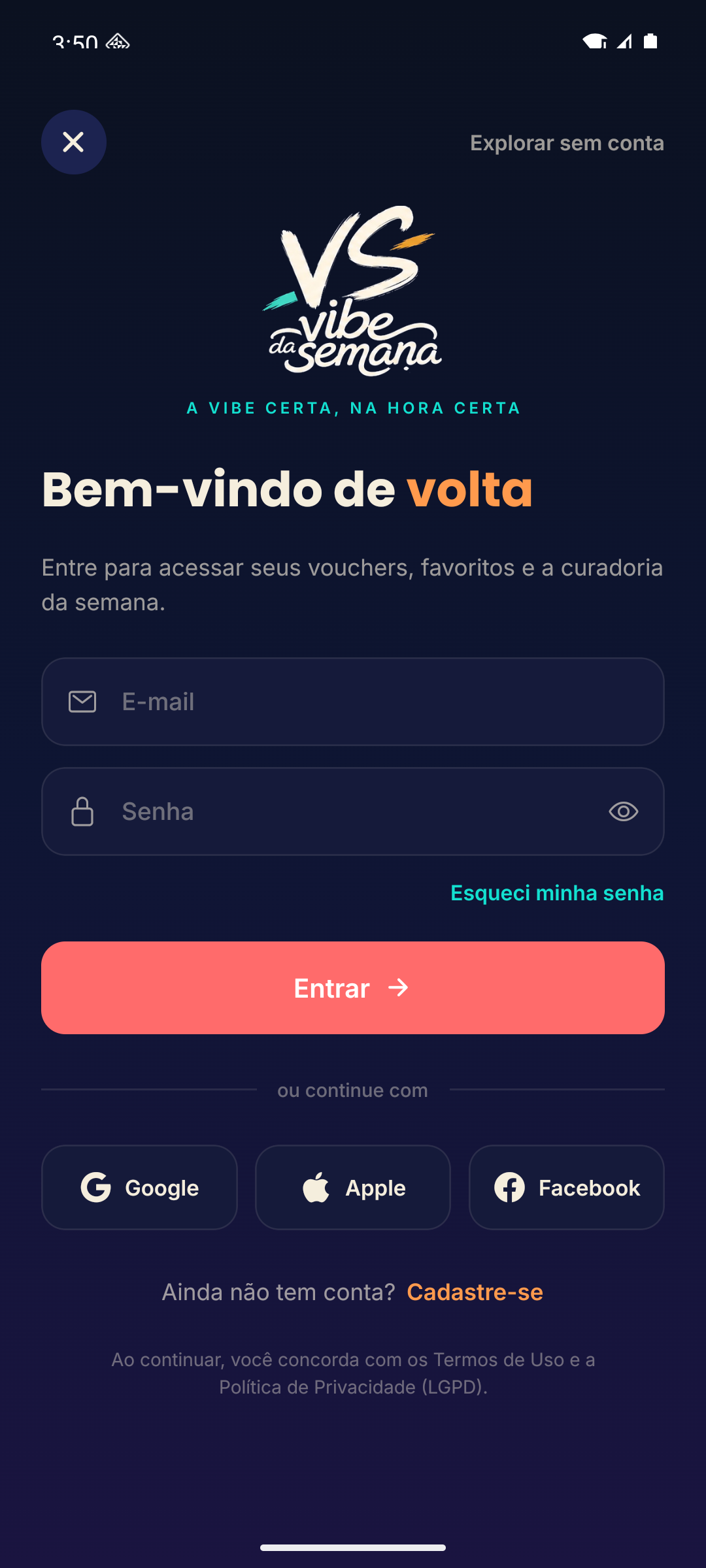 Tela de login do app Vibe da Semana